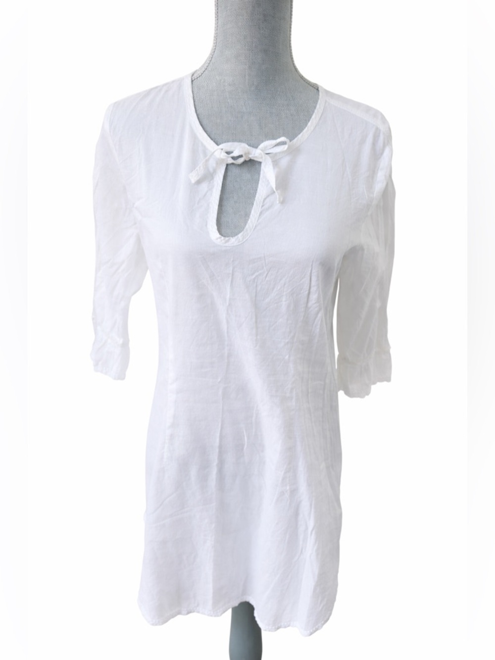 Sandwich_ White Cotton Boho Tunic Top Keyhole Tie Neck Size 38 NWOT